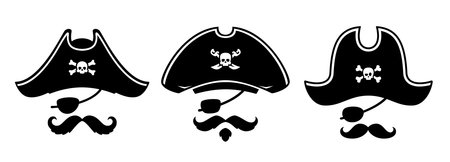 Pirate captain hats photo booth masks, vector photo booth props template. Pirate birthday party, carnival or Halloween costume photo booth masks with corsair captain hat, eye patch, mustache and beardのイラスト素材