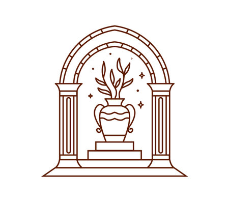 Boho arch or mystic magic Bohemian doorway with celestial stars and vase, vector line art. Boho arch or Medieval door arc for tattoo or magic Bohemian symbol with mystic plant leaves in amphora vaseのイラスト素材