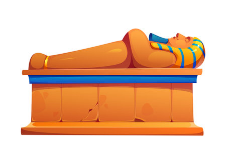 Egyptian sarcophagus Ancient Egypt game icon, featuring a golden pharaoh resting on hieroglyphic decorated tomb. Treasure asset, historical artifact represents culture, mythology and burial traditionのイラスト素材