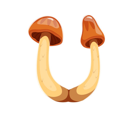 Autumn season font mushroom letter U. Thanksgiving sign, autumn harvest vector English alphabet typeset letter. Fall season kids ABC type element or autumnal font symbolのイラスト素材