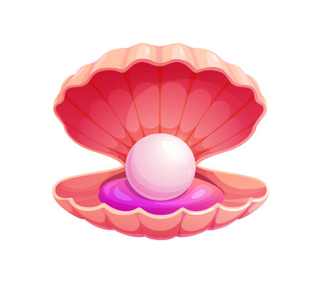 Cartoon pearl shell or scallop seashell with treasure jewelry, vector underwater mollusk. Open scallop shell or mother pearl seashell with pink pearl ball for undersea fairy tale or marine treasureのイラスト素材