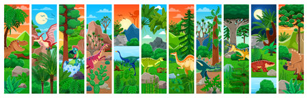 Prehistoric dinosaur reptiles and dino animals characters collage at vector forest, desert and mountains nature landscape backgrounds. Happy tyrannosaurus rex, triceratops and pteranodon dinosaursのイラスト素材