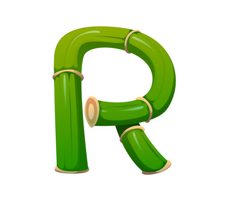 Asian nature bamboo plant font letter R. Tropical forest tree branch typeface letter, Asian jungle bamboo isolated cartoon vector type symbol. Japan forest plant kids ABC typeset signのイラスト素材