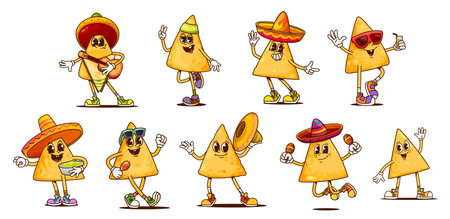 Groovy mexican nachos chips characters at Mexico fiesta party, vector corn tortilla food. Cartoon groovy hippie nacho chips with sombrero hats, guitar, avocado guacamole, maracas and sunglassesのイラスト素材