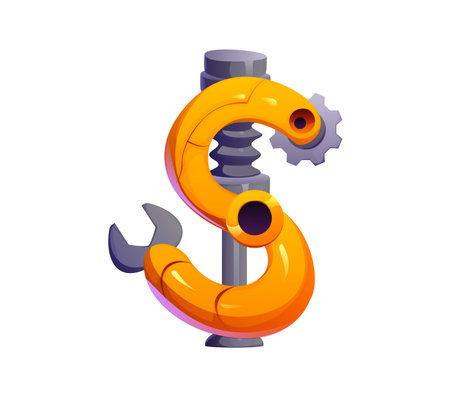 Robot font, robotic hand gear or cyborg arm typeface for machine engineering, vector type. Cartoon robot font and robotic arm mechanism, transformer gear hand with mechanical tool or wheel typefaceのイラスト素材