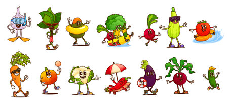 Cartoon groovy vegetable characters on summer vacation, vector travel, beach activities. Retro groovy tomato, pepper, spinach and carrot, broccoli and avocado fruits with sunglasses and beach ballsのイラスト素材