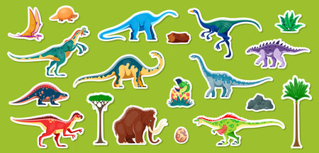 Dinosaur characters stickers pack. Vector adhesive patches with cartoon prehistoric herbivore, carnivore and flying ancient reptile animals. Decorative badges for scrapbook or kids fun diy activitiesのイラスト素材