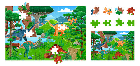 Jigsaw puzzle game pieces, cartoon prehistoric dinosaurs landscape. Part connecting playing activity, figure match game or jigsaw puzzle riddle vector worksheet with dinosaurs characters in jungleのイラスト素材