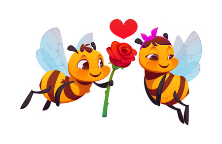 Cartoon cute honey bee characters. Vector sweet honey bees couple in love. One insect offers a red rose to the other. Bright red heart floats above them. Funny personages with emotional expressionsVのイラスト素材