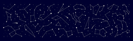 Star constellation border with night sky map in background, vector zodiac signs. Stars constellation border with galaxy starry sky for mystic astrology, esoteric magic and horoscope or space astronomyのイラスト素材