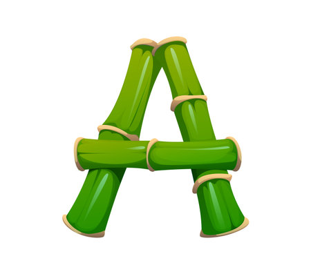 jungle bamboo plant font letter A. Asian jungle bamboo kids ABC type element, Japan tropical forest plant isolated cartoon vector English alphabet typeface sign. China forest tree branch font symbolのイラスト素材