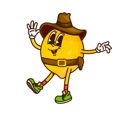 Cartoon groovy lemon cowboy or fruit sheriff and Western bandit, vector character. Groovy lemon fruit as Wild West cowboy in sombrero with sheriff gun in bandoleer, funky Western ranger characterのイラスト素材