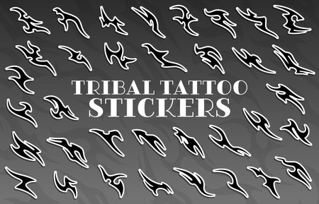 Tribal y2k gothic tattoo stickers. Vector spike and fire flame neo gothic pattern tattoos set at grunge monochrome background. Maori and celtic traditional tribal body art elements, streetwear printsのイラスト素材
