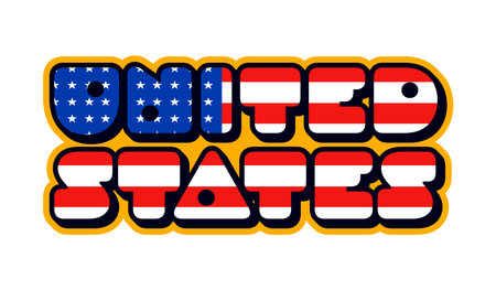 United States vintage Y2K sticker or label. USA flag colors 60s 70s vector tag, United States of America travel souvenir patch. American nation Y2K sticker with stars and stripes thick typographyのイラスト素材