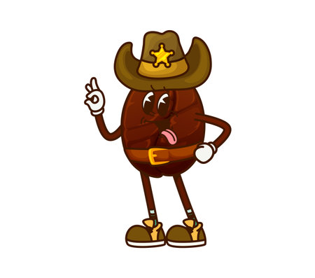 Cartoon groovy coffee bean cowboy or sheriff character, vector funny personage. Groovy coffee bean in Western cowboy hat as Wild West sheriff with star or ranger bandit character with Ok gestureのイラスト素材