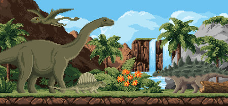8bit pixel art prehistoric giant dinosaurs in Jurassic jungle landscape, vector background. Prehistoric dinosaurs, lizard reptiles and pterodactyl with waterfall lake for 8 bit pixel game landscapeのイラスト素材