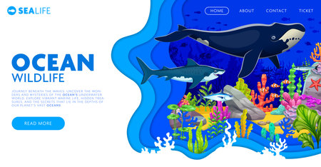 Paper cut landing page with sea animals in underwater landscape, vector template. Ocean undersea or sea underwater landing page or webpage template with cartoon shark, orca and tropical fishesのイラスト素材