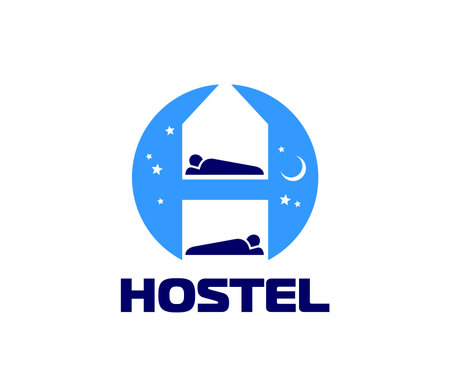 Hostel hotel icon, vector emblem with two sleeping people on bunk beds inside house shape. Night sky with stars and moon in blue circle background. Minimal label for accommodation or travel serviceのイラスト素材