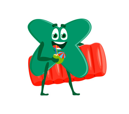 Cartoon math character of multiplication sign on summer vacations, vector personage. Funny mathematic multiplication equation sign with swimming pool mattress at sea or ocean beach with happy smileのイラスト素材