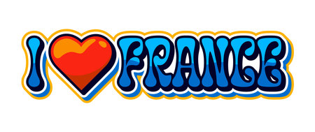 I love France retro Y2K sticker or symbol. Europe country travel souvenir vintage vector patch, France flag colors sticker. European nation culture label with patriotic phrase and love heartのイラスト素材
