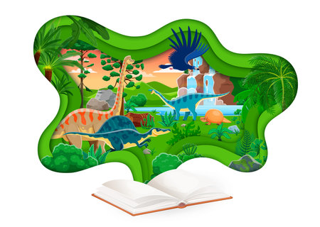 Opened book with paper cut prehistoric dinosaurs landscape. Paleontology science, prehistoric nature papercut vector concept with dinosaurs cute characters in jungle forest, waterfall and riverのイラスト素材