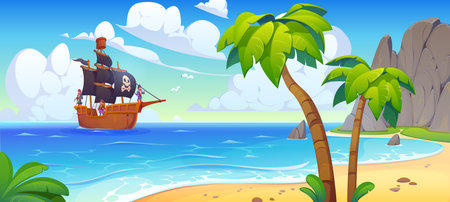Sail pirate ship in tropical island bay. Cartoon vector fun and adventurous seafaring scene with a corsair boat approaches a tropical beach with palm trees and golden sand, as pirates prepare to dockのイラスト素材