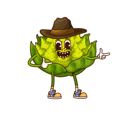 Cartoon groovy romanesco vegetable cowboy character. Farm ripe veggie Wild West ranger 60s vector cheerful character, Texas bandit funny groovy mascot. Romanesco cabbage Western cowboy cute personageのイラスト素材