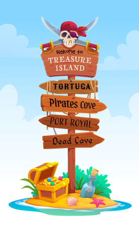 Cartoon wooden pirate signboard, fairytale corsairs signage. Vector signpost with skull and swords atop, pointing to famous locations like Tortuga, dead cave and port royal on tropical treasure islandのイラスト素材