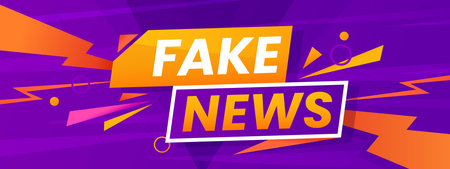 Fake news banner with purple background, motion lines and bold headline create urgency and impact. Vector social media communication alert, informational layout promoting disinformation announcementのイラスト素材