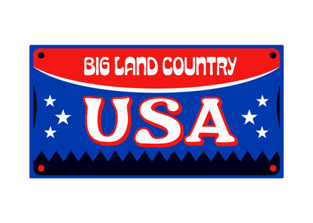 USA big land country retro sticker or patch. USA flag colors retro vector label, American nation country Y2K tag. United States of America sticker or patch with typography and stars on tin signのイラスト素材
