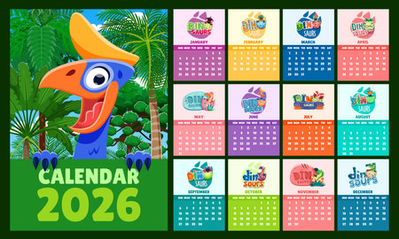 2026 calendar schedule with cute dinosaurs. Vector planner with cheerful cartoon dino and monthly pages. Funny prehistoric chart with each month is brightly styled with hatching dino babies in eggsのイラスト素材