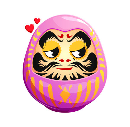 Cartoon funny Japanese Daruma doll with expressive eyes, decorated with pink and gold pattern. Vector character with red hearts. Traditional cultural symbol with comic and playful face expressionのイラスト素材