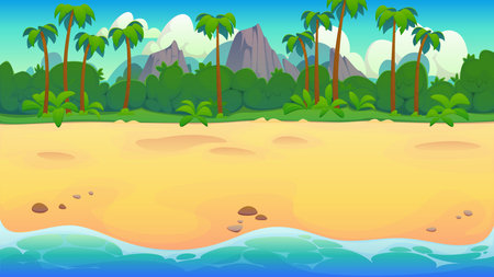 Cartoon tropical island beach landscape background featuring golden sand, palm trees, blue ocean and distant mountains under the sunny cloudy sky. Vector summer travel vacation exotic coastal paradiseのイラスト素材