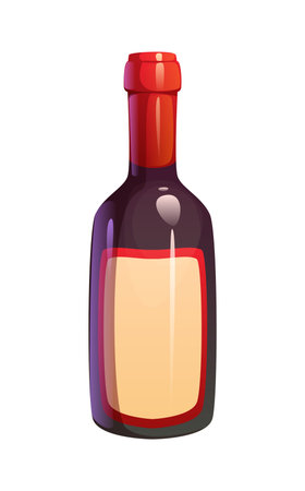 Cartoon wine bottle happy Thanksgiving holiday and harvest symbol. Isolated vector glass flask with red cap and label, symbolizing celebration and feasting, gatherings, festive meals and toastsのイラスト素材
