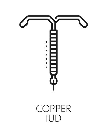 Copper IUD contraception method line icon or pictogram. Birth control method outline vector icon, contraception procedure sign. Family planning technique pictogram with copper T intrauterine deviceのイラスト素材