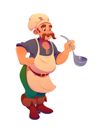Cartoon pirate cook ship crew character holding a ladle and wearing an apron and toque hat. Vector corsair chef personage for games, story books, culinary storytelling and cooking maritime adventuresのイラスト素材