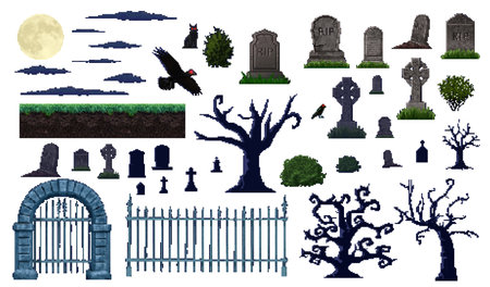 8 bit pixel art Halloween graveyard landscape details, retro horror game UI. Vector spooky cemetery trees, scary tombstones and moon. Pixel gravestone crosses, black cat, raven and graveyard gateのイラスト素材