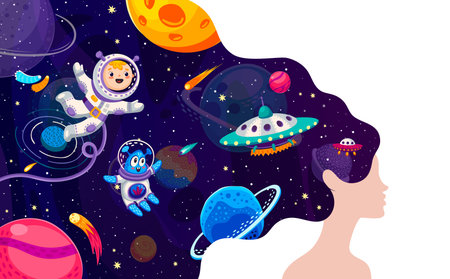 Woman with color galaxy space hair. Girl head vector silhouette with long wavy hair of cartoon galaxy planets, astronaut and alien characters, UFO spaceships and stars space landscape double exposureのイラスト素材