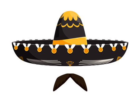 Mexican sombrero or mariachi hat with cartoon mustaches for Mexico fiesta, vector icon. Mexican symbol of traditional sombrero hat with mustaches and Latin ornament for Mexico culture and traditionのイラスト素材