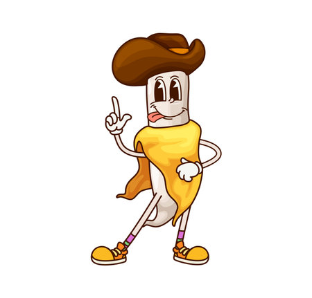 Cartoon groovy daikon radish vegetable cowboy character. Agriculture natural product, healthy food veggie Texas sheriff retro vector cheerful character. Daikon Western bandit Y2K groovy personageのイラスト素材