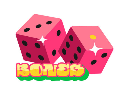 Roll bones or dices casino gamble Y2K groovy sticker. Gambling game retro vector label, casino luck Y2K sticker. Vegas jackpot groovy tag or patch with pink playing dices and golden typographyのイラスト素材