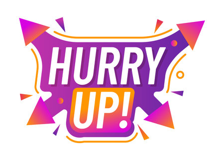 Hurry up icon, vector bold and dynamic text with a modern, colorful gradient in purple and orange, surrounded by geometric accents, conveying urgency and excitement for promotional or alert messagingのイラスト素材