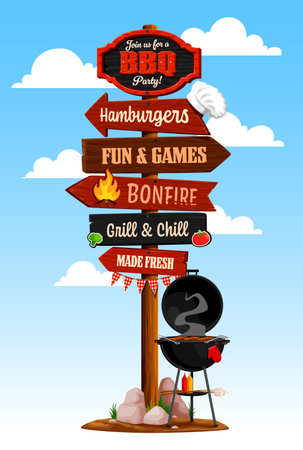 Cartoon bbq wooden signboard, barbeque party directional sign yard with wood arrows pointing to hamburgers, games, bonfire, grill, and fresh food. Vector barbecue signpost against blue sky with cloudsのイラスト素材