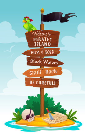 Wooden pirate signboard with parrot and treasures map, corsairs signage. Cartoon vector island signpost with warning messages. Playful and adventurous pointer children games, parties or storytellingのイラスト素材