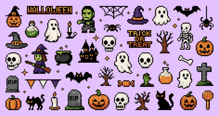 Y2k Halloween 8 bit pixel game icons and stickers set. Vector pixel art Halloween holiday pumpkin, ghost, witch and skull, black cat, bat and spider, scary zombie, skeleton and cemetery tombstone iconのイラスト素材