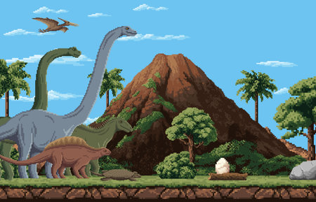 8 bit pixel art prehistoric dinosaurs with dino eggs. Retro 2D arcade game pixel vector landscape or scene with prehistoric land and flying dinosaurs, volcano mountain, jungle trees and dino eggのイラスト素材