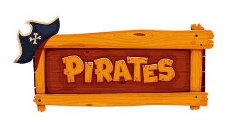 Caribbean pirates game icon of sign board with corsair tricorne hat, cartoon vector. Caribbean pirates adventure game, wooden signboard frame banner with sailor cocked hat and Jolly Roger crossbonesのイラスト素材