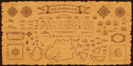 Vintage pirate map constructor, vector set of elements on aged parchment background for treasure hunt, exploration and fantasy adventure. Compass roses, sea monsters, sailing ships, skulls and islandsのイラスト素材
