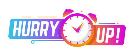 Hurry Up icon for offer or deal sale with clock time for last minute banner, vector button. Hurry Up label or badge for sale promotion tag with countdown clock for exclusive special promo stickerのイラスト素材