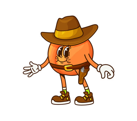 Cartoon groovy orange fruit cowboy, sheriff, ranger and bandit character. Isolated vector citrus y2k personage in western hat and belt with gun. Funny healthy food, vitamin product with hippie vibeのイラスト素材